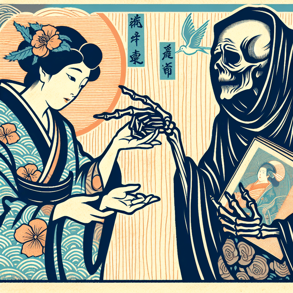 Create an image depicting Death as a wise, guiding figure, offering counsel and clarity to a person seeking purpose and direction in life.