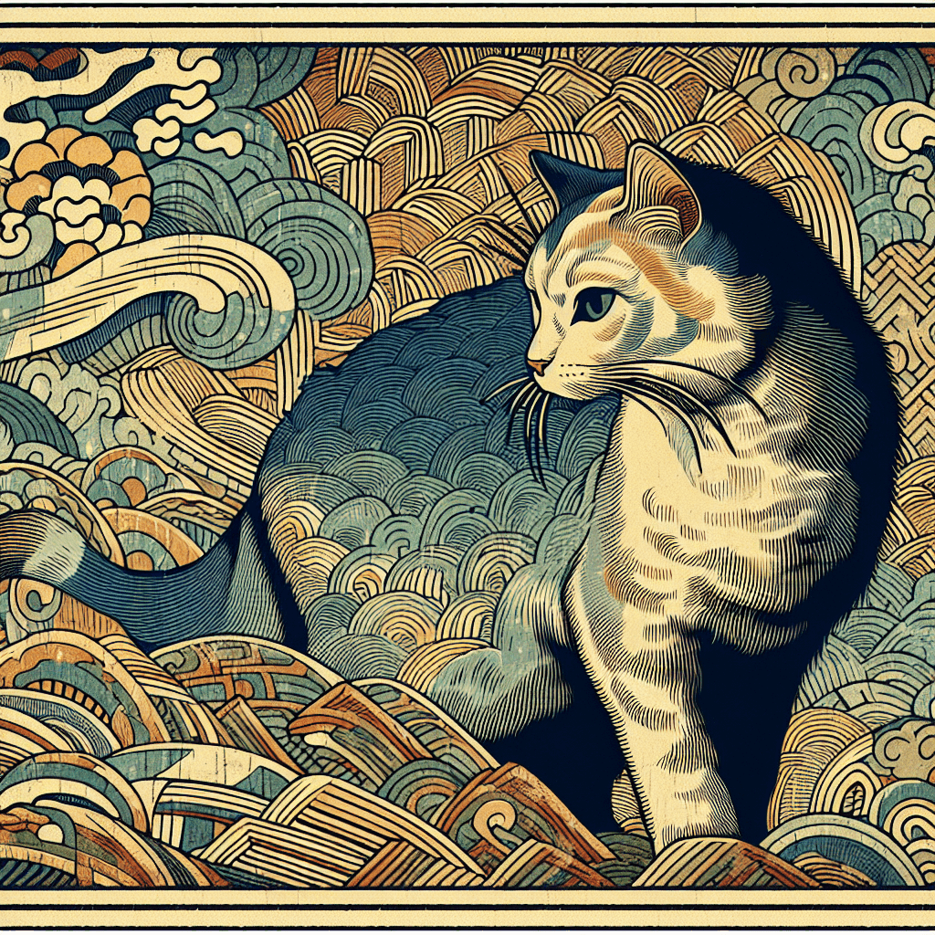 Create an image depicting the mysterious and curious nature of cats, represented through a woven tapestry narrative structure.