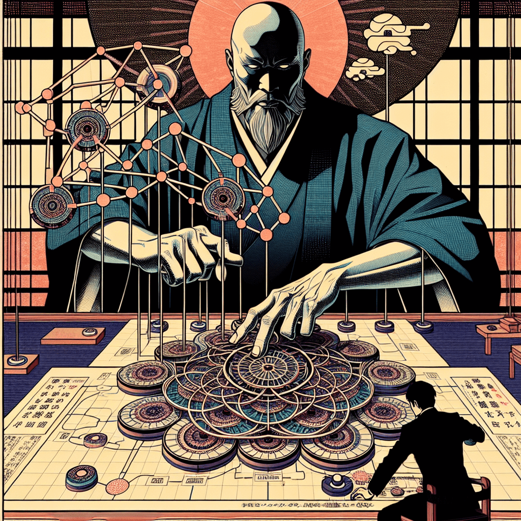 Create an image depicting the concept of a powerful hegemon orchestrating a complex network of recursive invocations, symbolizing influence and control within an intricate system.