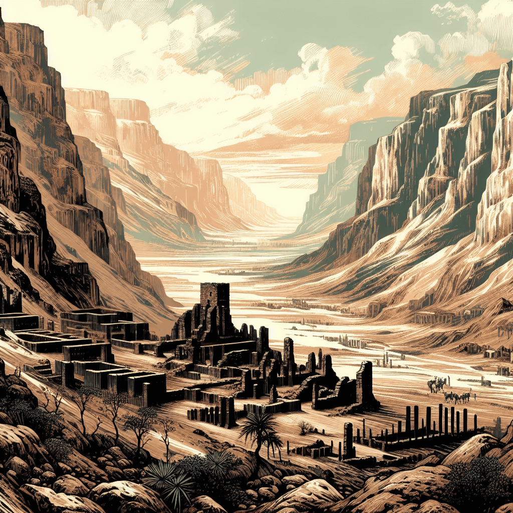 Create an image depicting the Valley of Hinnom, a historical and symbolic landscape often associated with themes of judgment and redemption, featuring rugged terrain, ancient ruins, and an atmosphere that blends both foreboding and hope.