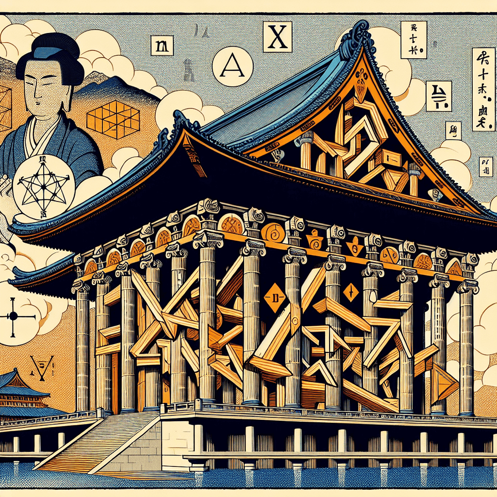 Create an image depicting the foundational structure of mathematics, with axioms represented as the essential building blocks or pillars supporting a grand, intricate mathematical edifice.