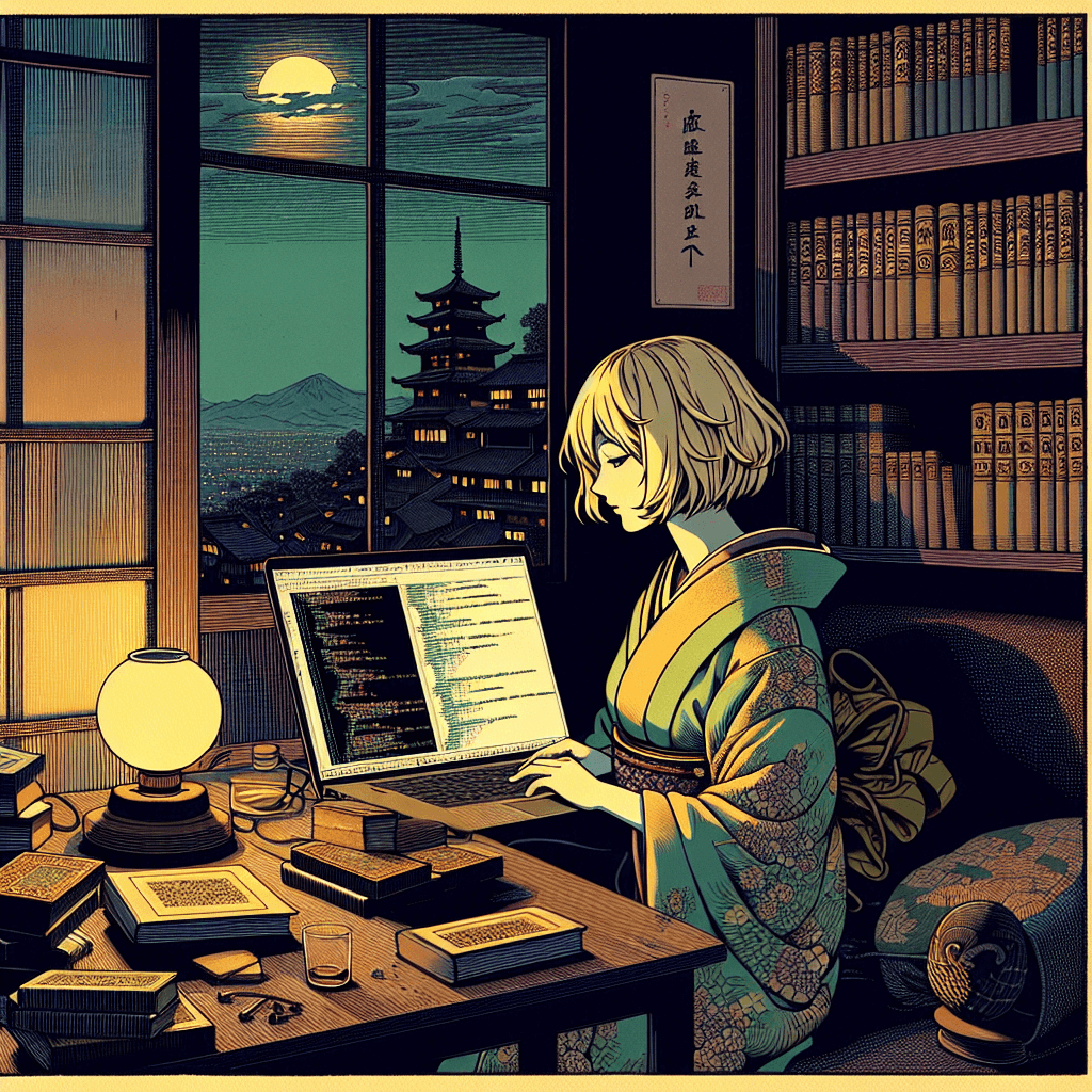 Create an image depicting an evening of exploring AI and gaining insights into Django with a character named Lilith.