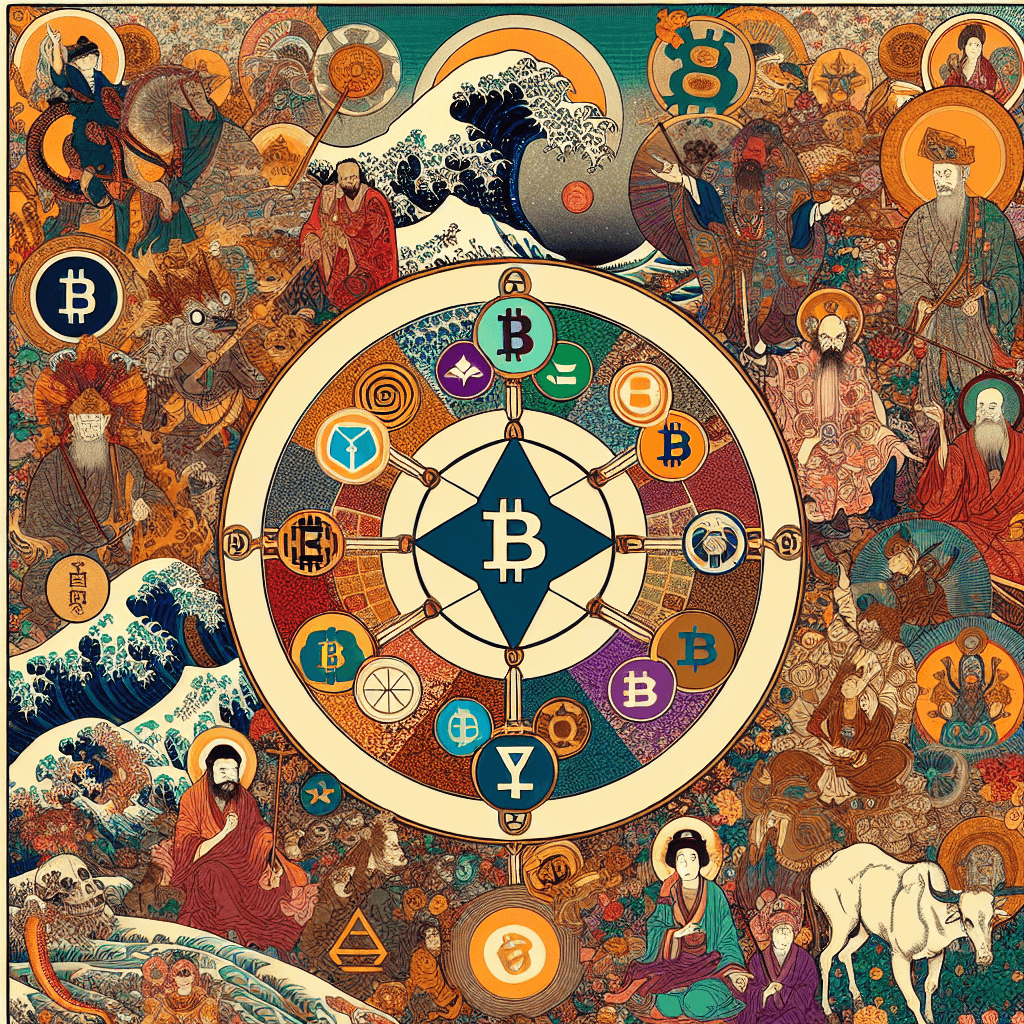 Create an image that juxtaposes traditional religious symbols with modern cryptocurrency icons, highlighting the recursive myth structures present in both.