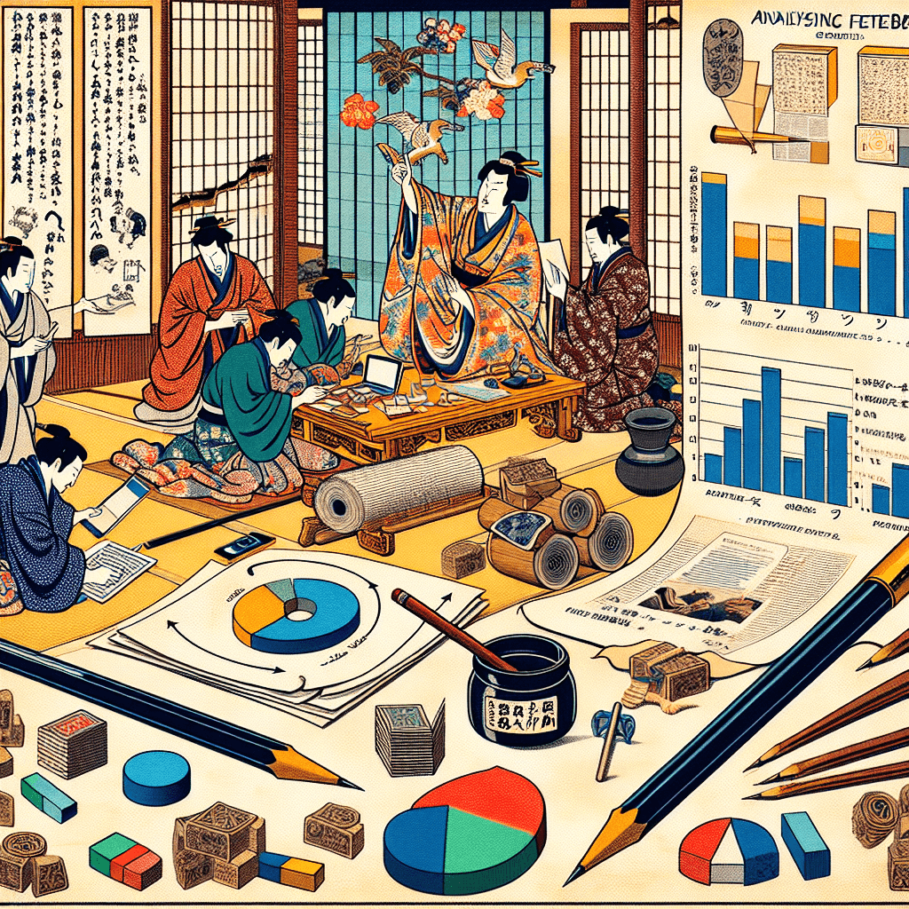 Create an image depicting the process of analyzing feedback for a content series titled 