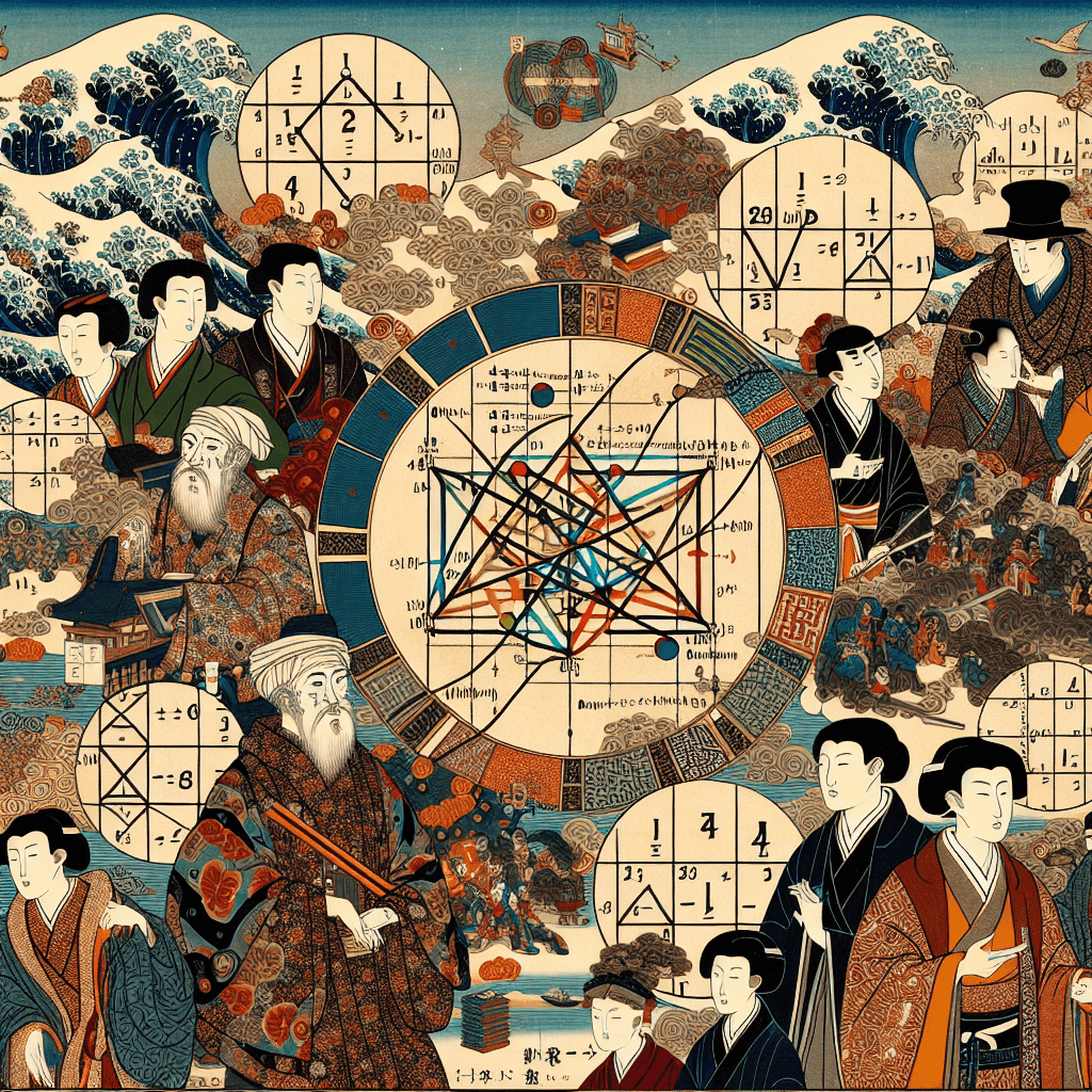 Create an image depicting the historical spread of algebra and algorithms from the Islamic world to other regions, showcasing key figures and cultural exchanges that facilitated this diffusion.