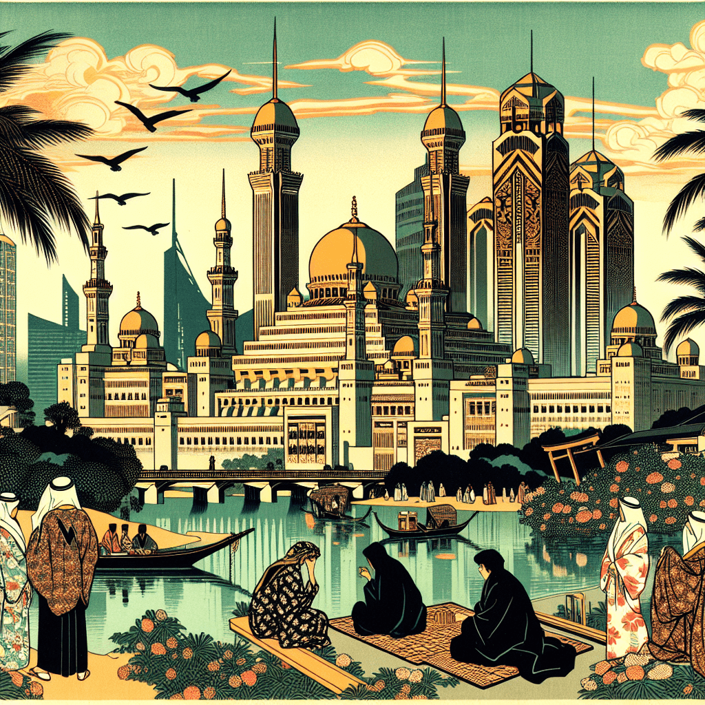 Create an image depicting the historical and political landscape of Middle Eastern monarchies, highlighting their cultural and architectural influences, and showcasing the blend of tradition and modernity.