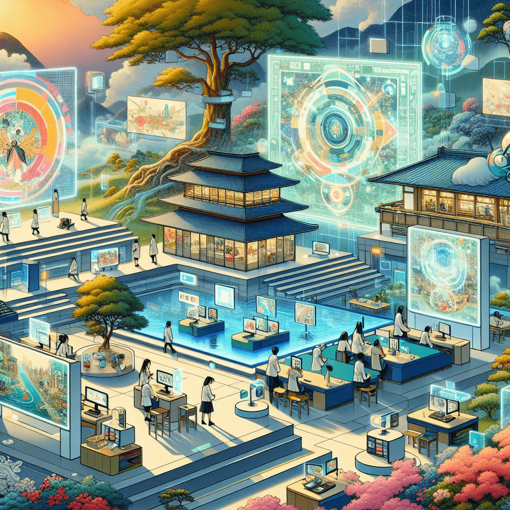 Create an image depicting futuristic educational technology, featuring advanced digital classrooms, immersive VR learning experiences, and AI-driven personalized education tools.