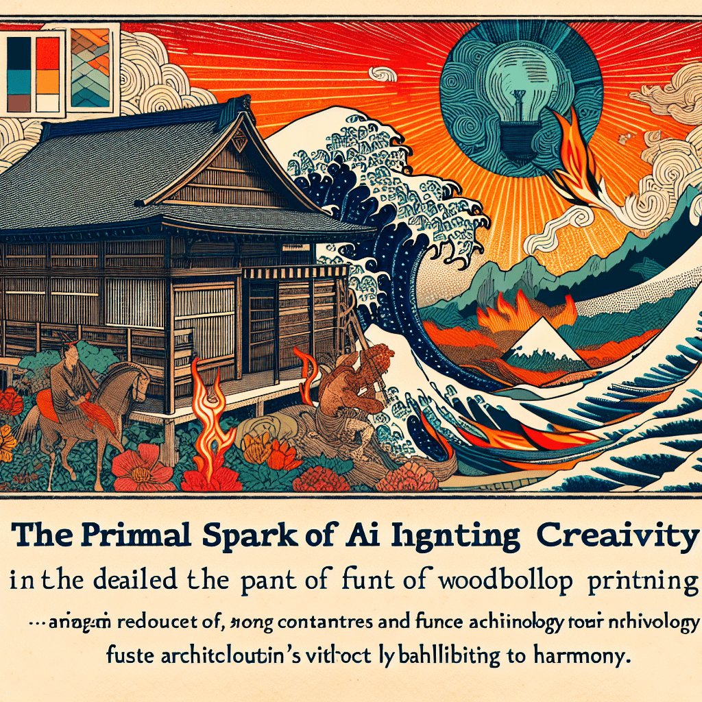 Create an image depicting the concept of AI's primal spark igniting creativity, with novel architectures symbolizing the fusion of technology and artistic innovation.