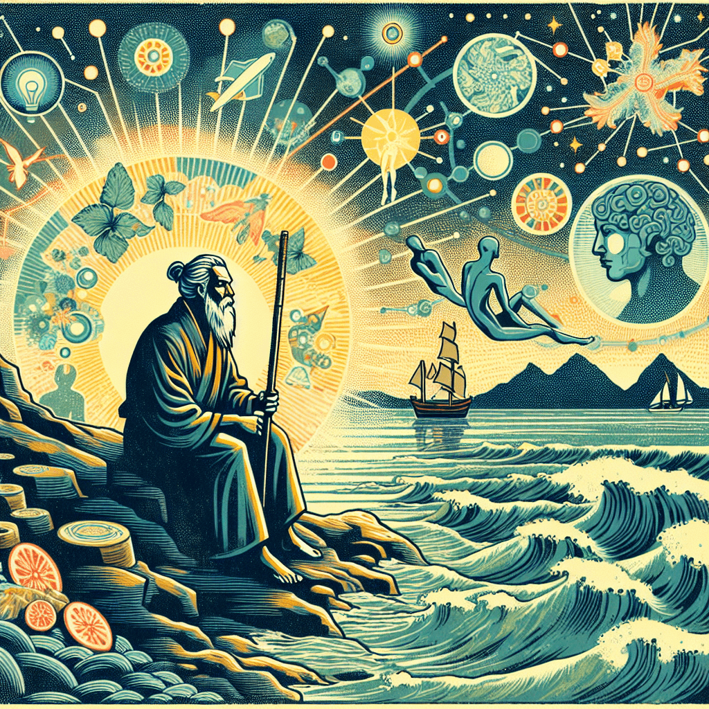 Create an image symbolizing the conclusion of a journey, highlighting key takeaways and lessons learned, with elements that suggest reflection and growth.