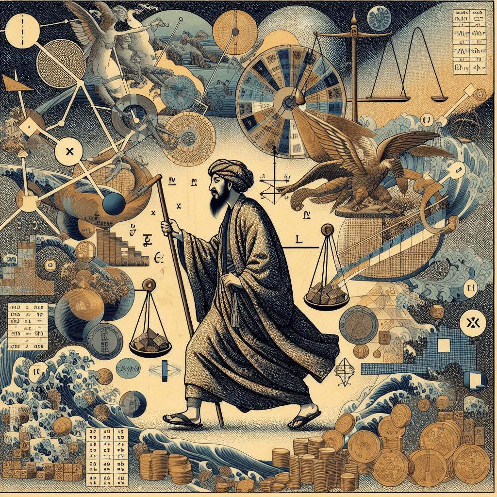 Create an image depicting Al-Khwarizmi, the Persian mathematician, journeying through the Bretton Woods era, surrounded by elements of global monetary policies and mathematical symbols, symbolizing the intersection of mathematics and economics.
