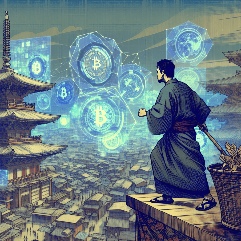 Create an image depicting Al-Khwarizmi navigating a futuristic landscape filled with AI-driven markets and digital cryptocurrencies.