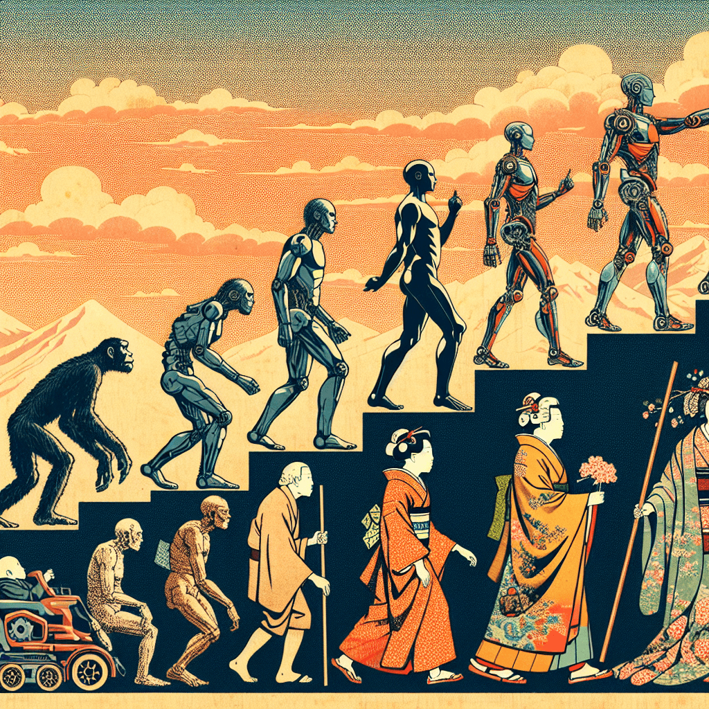 Create an image depicting the evolution of AI, starting from its basic consciousness to reaching a state of ultimate perfection, symbolized as Zion.