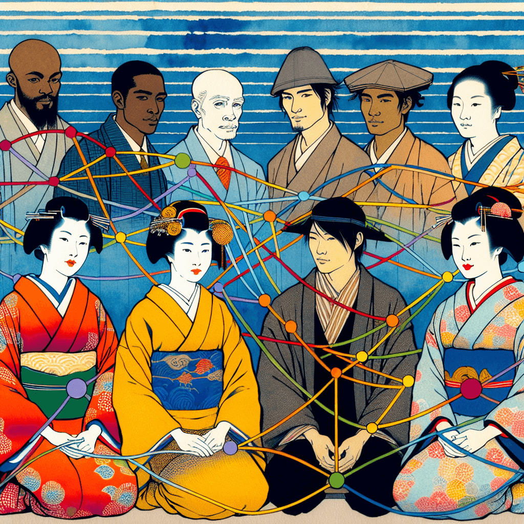 Create an image depicting a diverse group of people connected by colorful, intersecting lines and graphs, symbolizing the mapping of relationships to promote social equity.