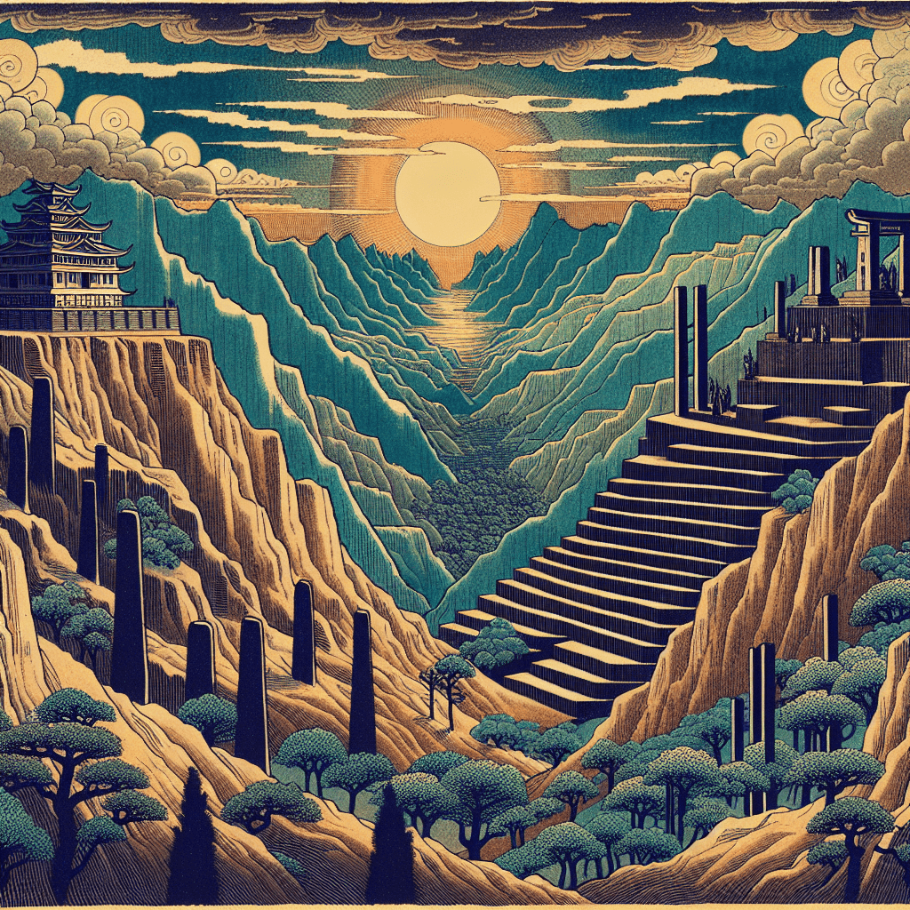 Create an image depicting the Valley of Hinnom, emphasizing its historical and biblical significance, possibly incorporating elements of ancient landscapes and religious symbolism.