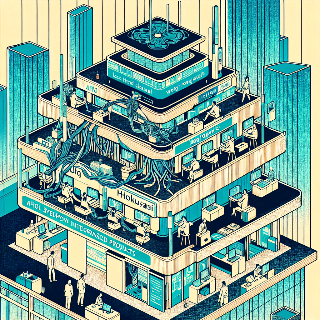 Create an image depicting a futuristic office environment where AI-powered systems seamlessly manage blog requests, showcasing smooth workflow integration and enhanced productivity.