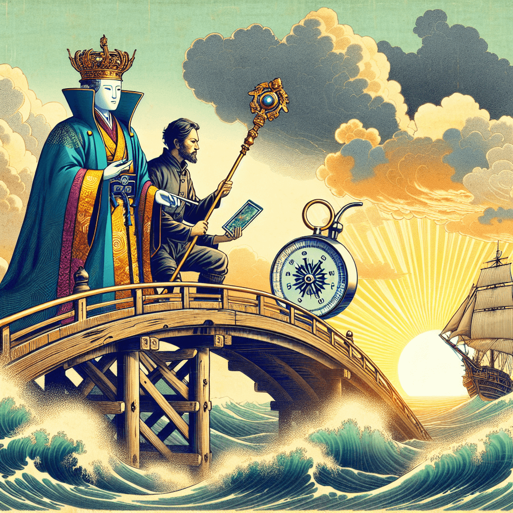 Create an image depicting AI as a bridge connecting a monarch and a navigator, symbolizing collaboration and engagement.