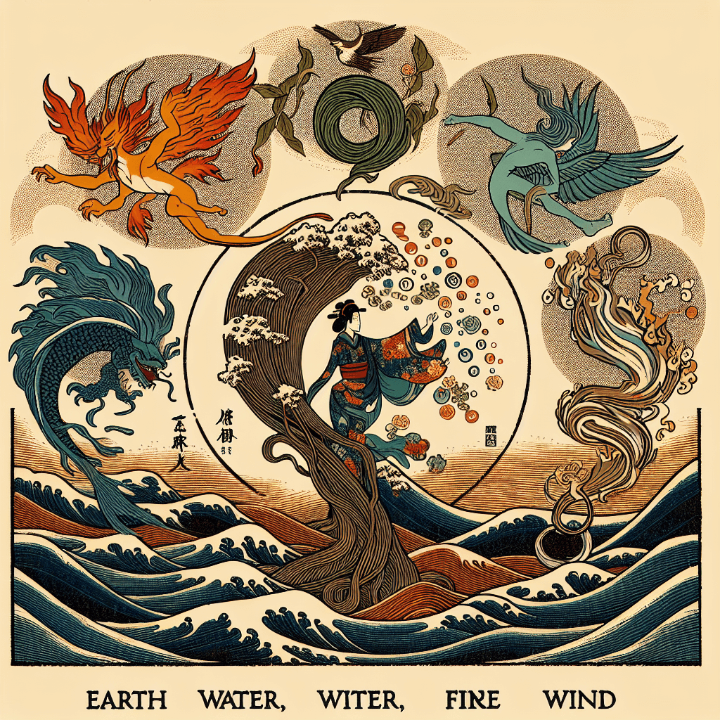 Create an image depicting the five elements of Japanese Godai (Earth, Water, Fire, Wind, and Void) being woven into a narrative in a literature setting.