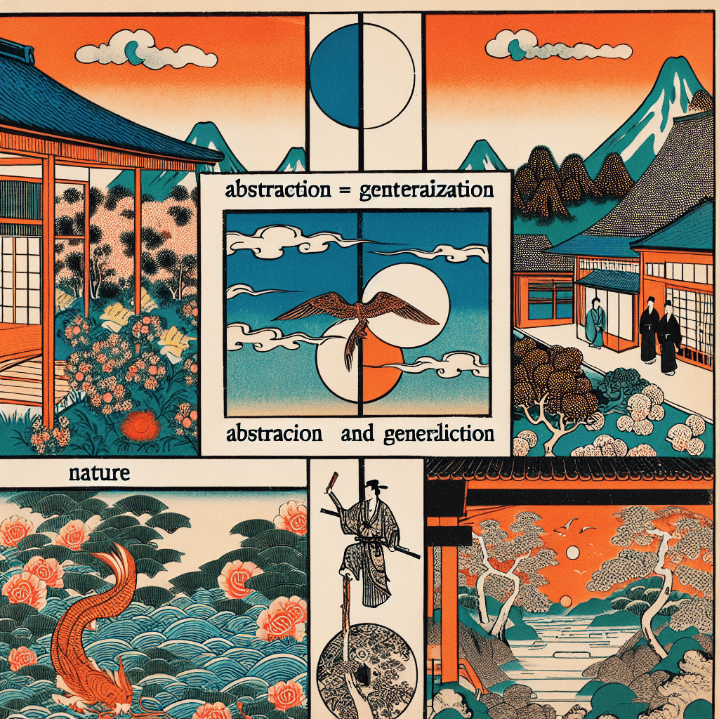 Create an image illustrating the balance between abstraction and generalization in a philanthropic context, using symbolic elements to represent these concepts and their interplay.