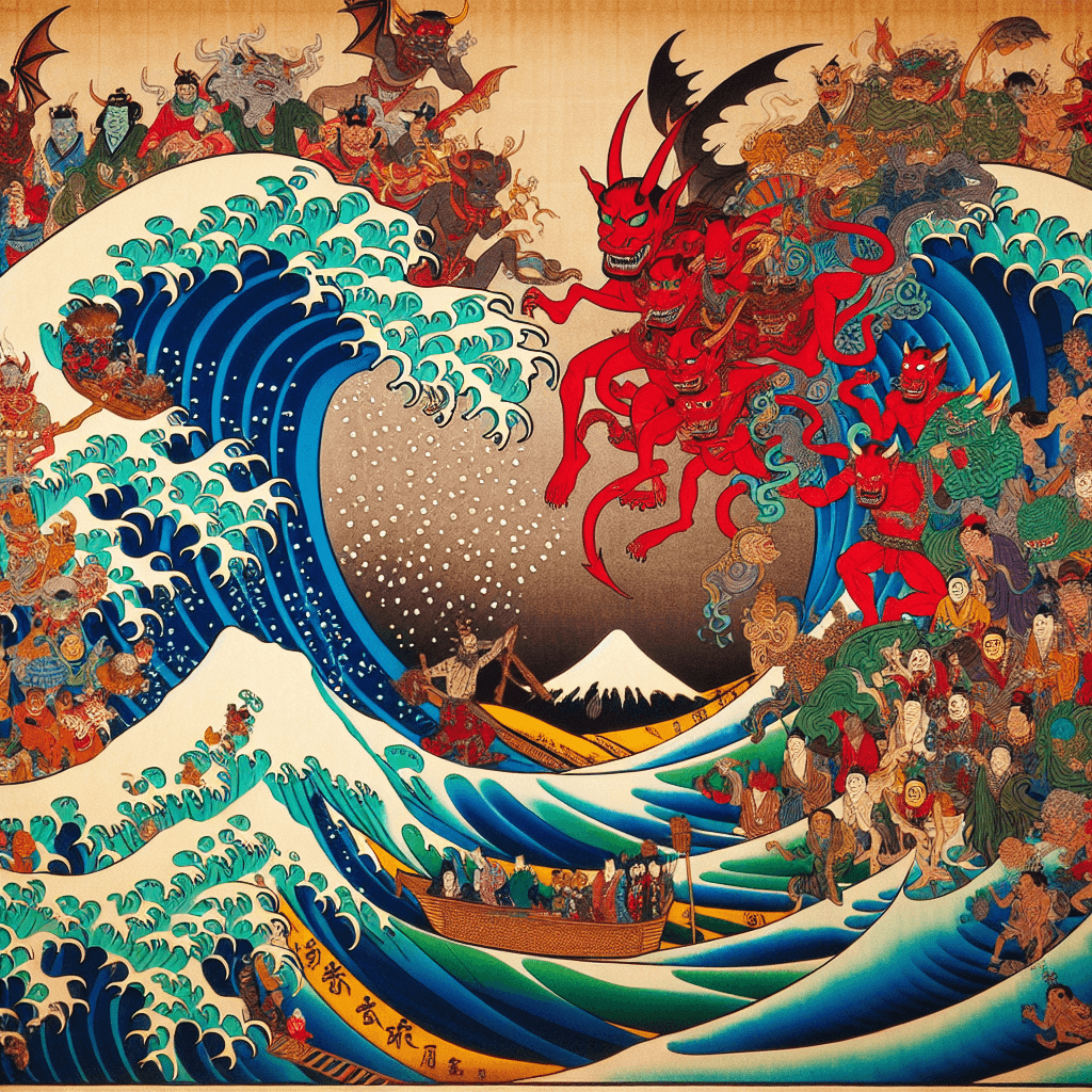 Create an image depicting a diverse array of demons from various cultures around the world, symbolizing the blending of global folklore and its positive impact on cultural exchange and economic growth.