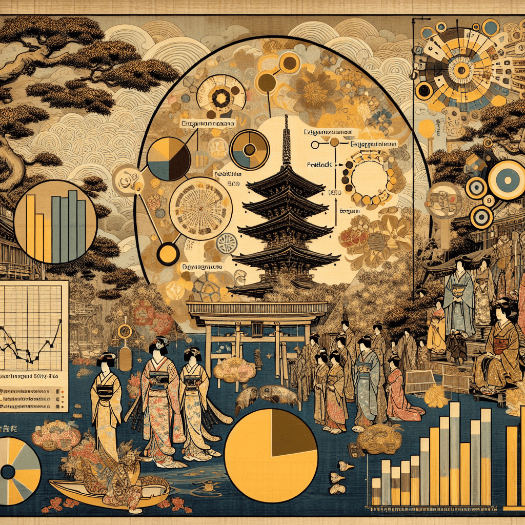 Create an image depicting the analysis of engagement metrics and feedback results for cultural diplomacy initiatives, incorporating elements of data visualization and global cultural exchange.