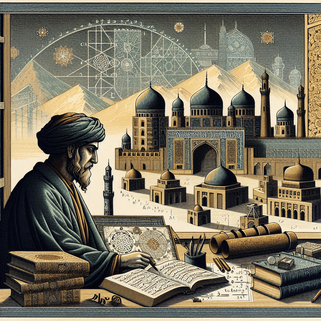 Create an image depicting 9th-century Baghdad with Al-Khwarizmi, a pioneering mathematician, surrounded by ancient texts and mathematical tools, illustrating his foundational work in algebra.