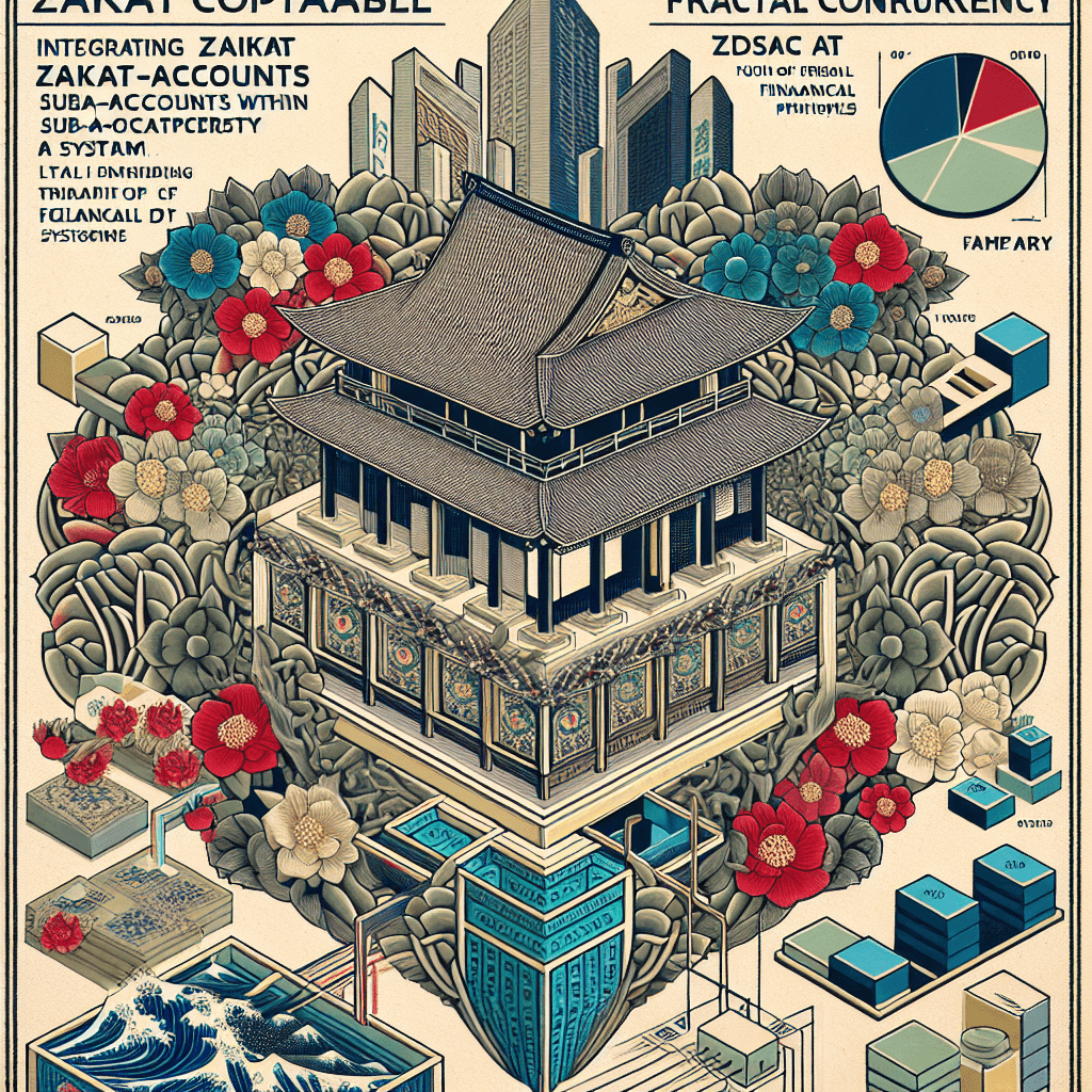 Create an image illustrating the concept of integrating Zakat-compatible sub-accounts within a fractal concurrency system, highlighting the intersection of financial technology and traditional Islamic financial principles.