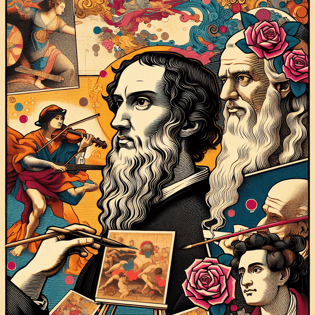 Create an image that captures the essence of Leonardo da Vinci's artistic mastery, showcasing his renowned paintings and innovative techniques.