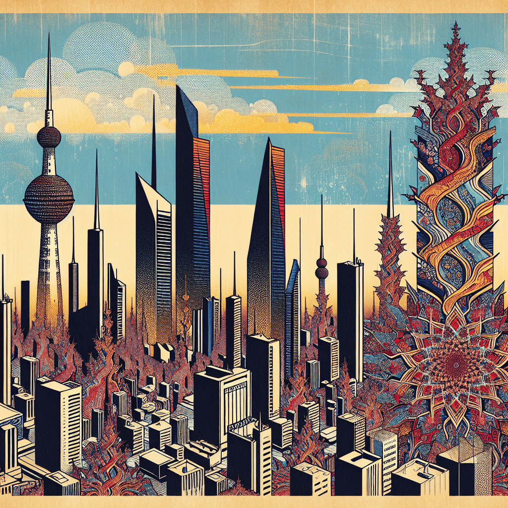 Create an image depicting Kuwait's skyline with intricate fractal patterns symbolizing the harmony between modern financial practices and traditional Islamic finance principles.