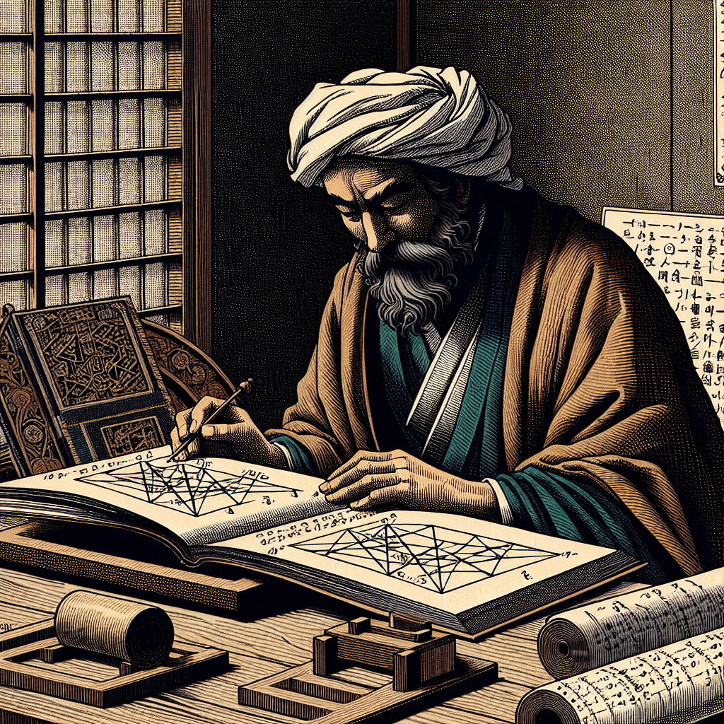 Create an image depicting Al-Khwarizmi in an ancient setting, surrounded by scrolls and mathematical tools, as he contemplates the concept of 'smoothness' in polynomials, capturing a moment of intellectual discovery and curiosity.