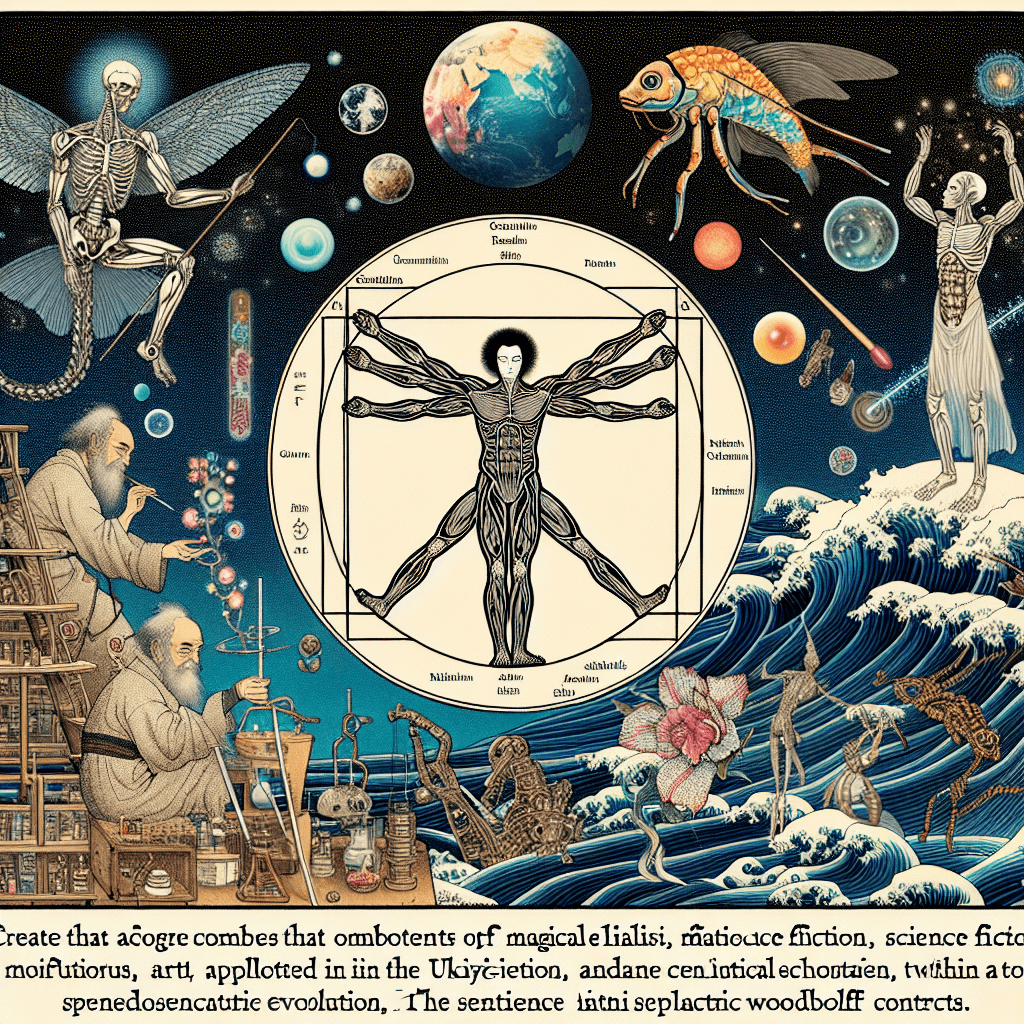 Create an image that combines elements of magical realism, science fiction, and speculative evolution, representing the exploration of sentience.