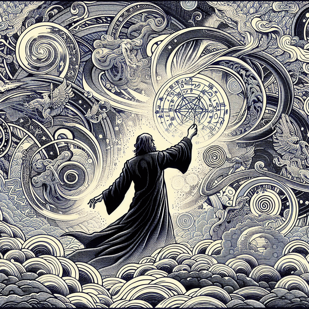 Create an image of a mysterious sorcerer manipulating the fabric of reality, surrounded by swirling magical energies and symbols, as they unveil the secret to altering the world around them.
