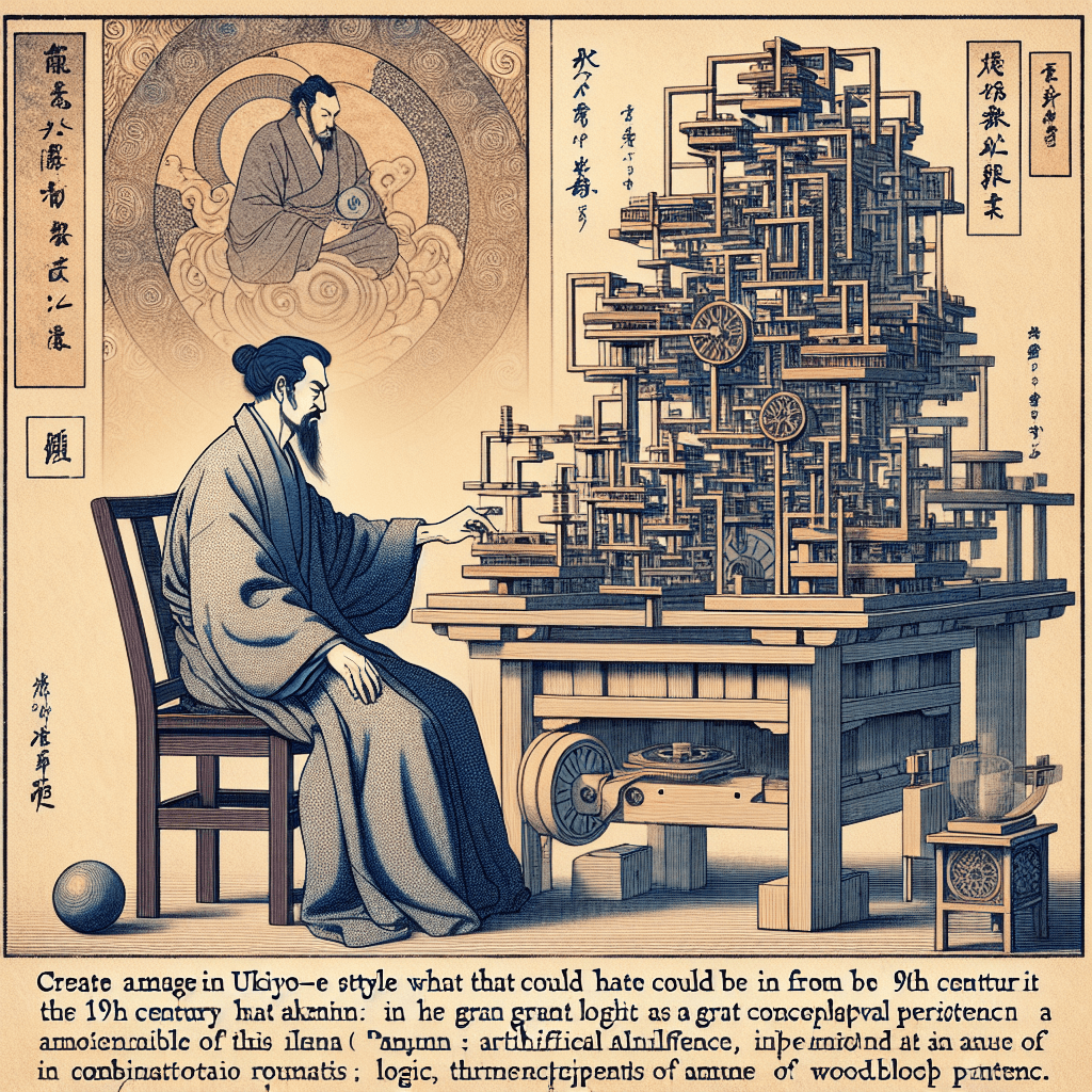 Create an image depicting Ramón Llull engaging with his Ars Magna, illustrating the concept of combinatorial logic as a foundational element in artificial intelligence.