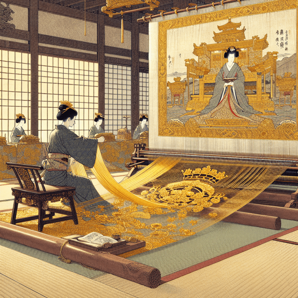 Create an image depicting a royal setting where a skilled artisan is intricately weaving golden threads into a tapestry, symbolizing alliances with widowed queens. The scene should convey elegance, diplomacy, and the importance of these alliances.