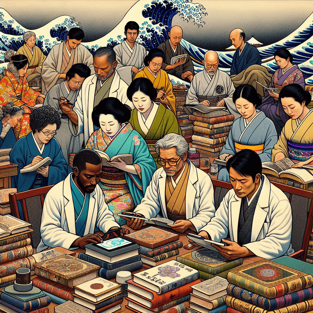 Create an image depicting a diverse group of caretakers engaging in cultural research specific to an Emir's needs, surrounded by traditional artifacts, books, and digital tools, emphasizing a blend of tradition and modernity.