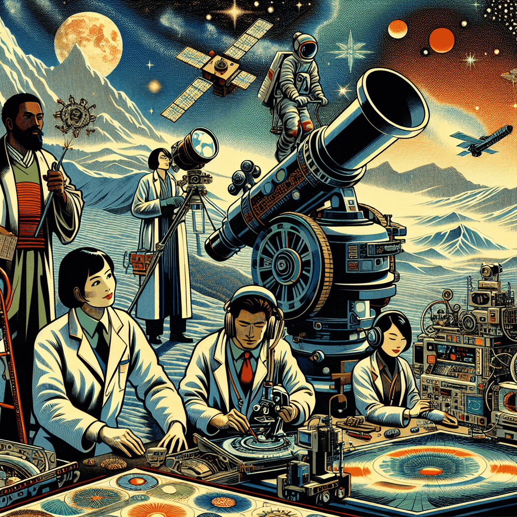 Create an image depicting a collaborative space exploration scene, integrating various scientific disciplines such as astronomy, biology, engineering, and geology, with diverse experts working together on a futuristic spacecraft and a distant planet.