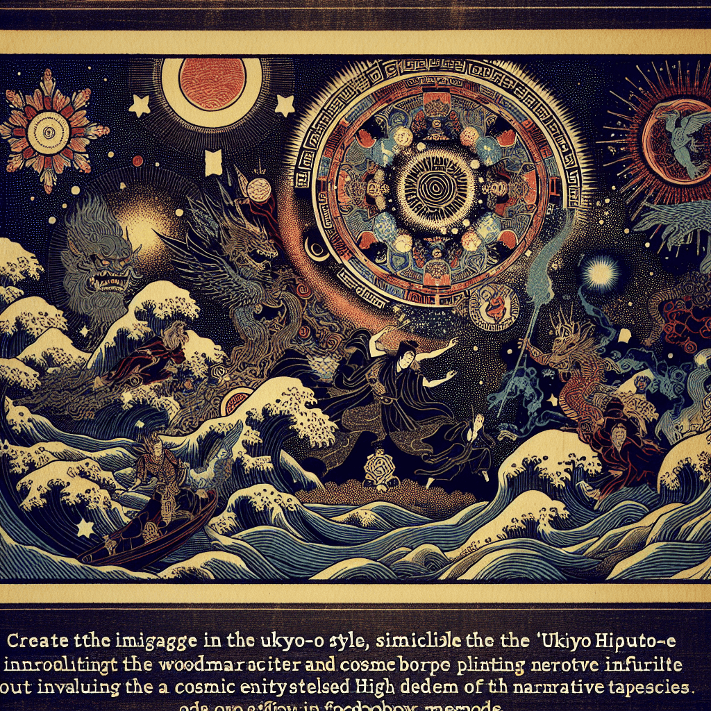 Create an image depicting the interplay of characters and cosmic forces in 