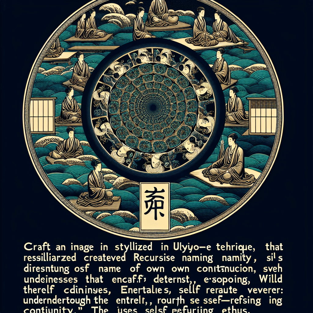 Create an image that represents the concept of recursive naming and continuity, focusing on the idea of an entity (Ethos) defining itself through its own name.