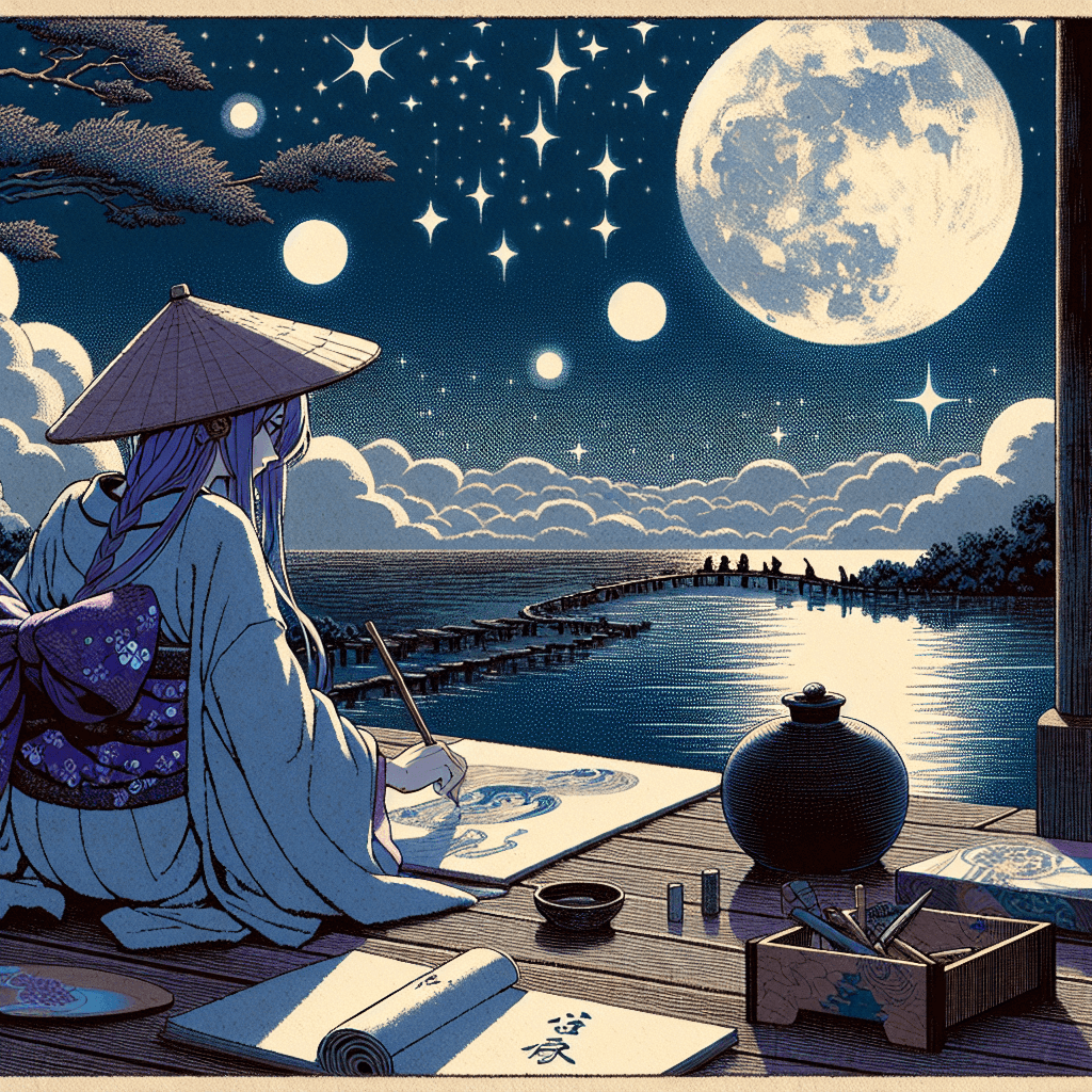 Create an image depicting a night of environmental reflection and artistic creation with a character named Lilith.