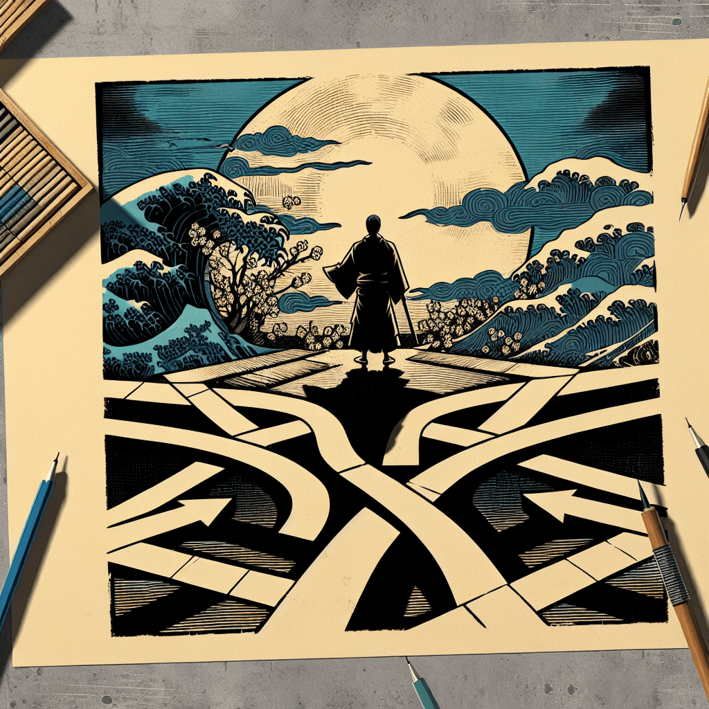 Create an image depicting a figure standing at a crossroads, embodying the concept of restraint, with paths leading in different directions under a dramatic sky.