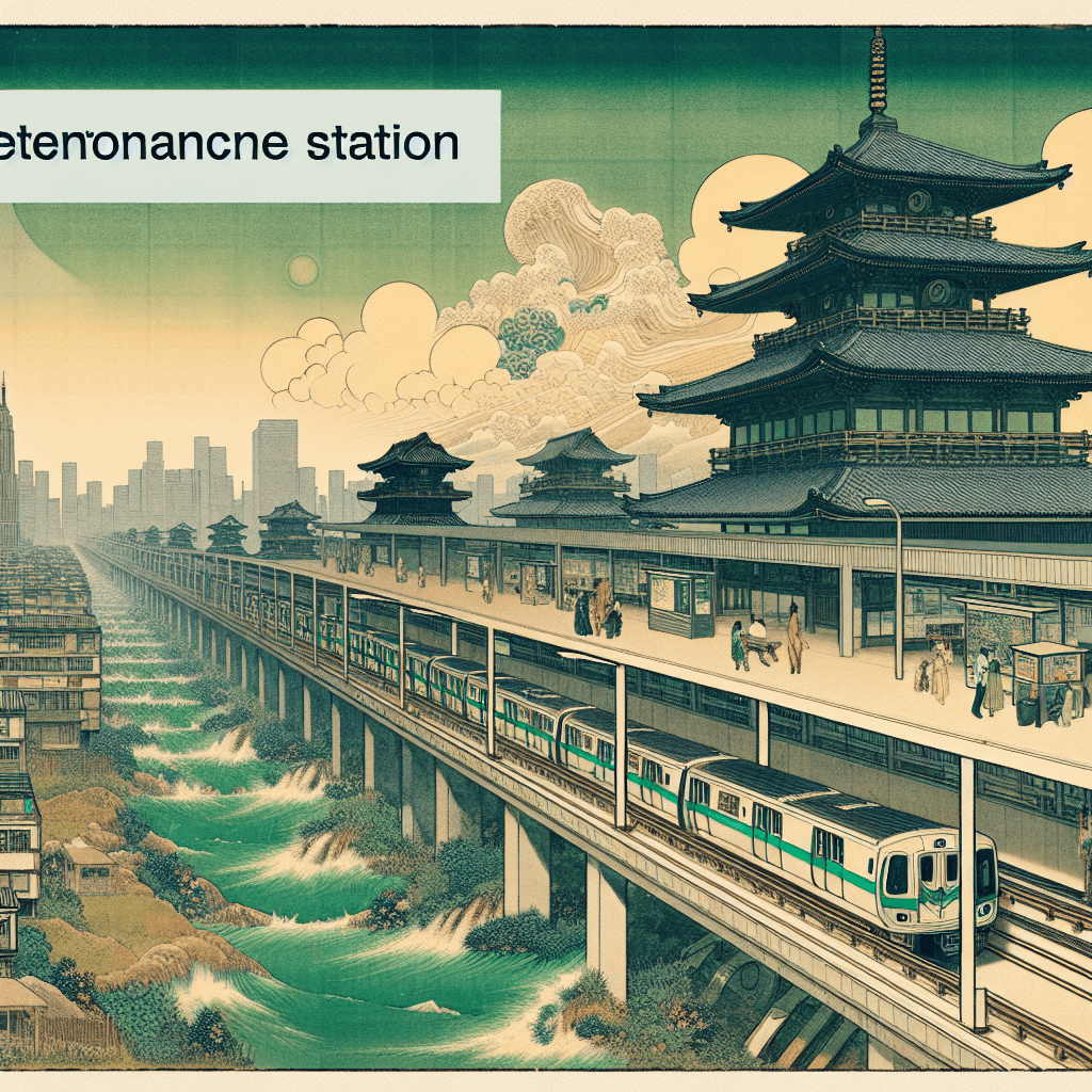Create an image depicting a modern Renaissance-inspired scene featuring green and climate-ready infrastructure at a subway station on the 6 Line.