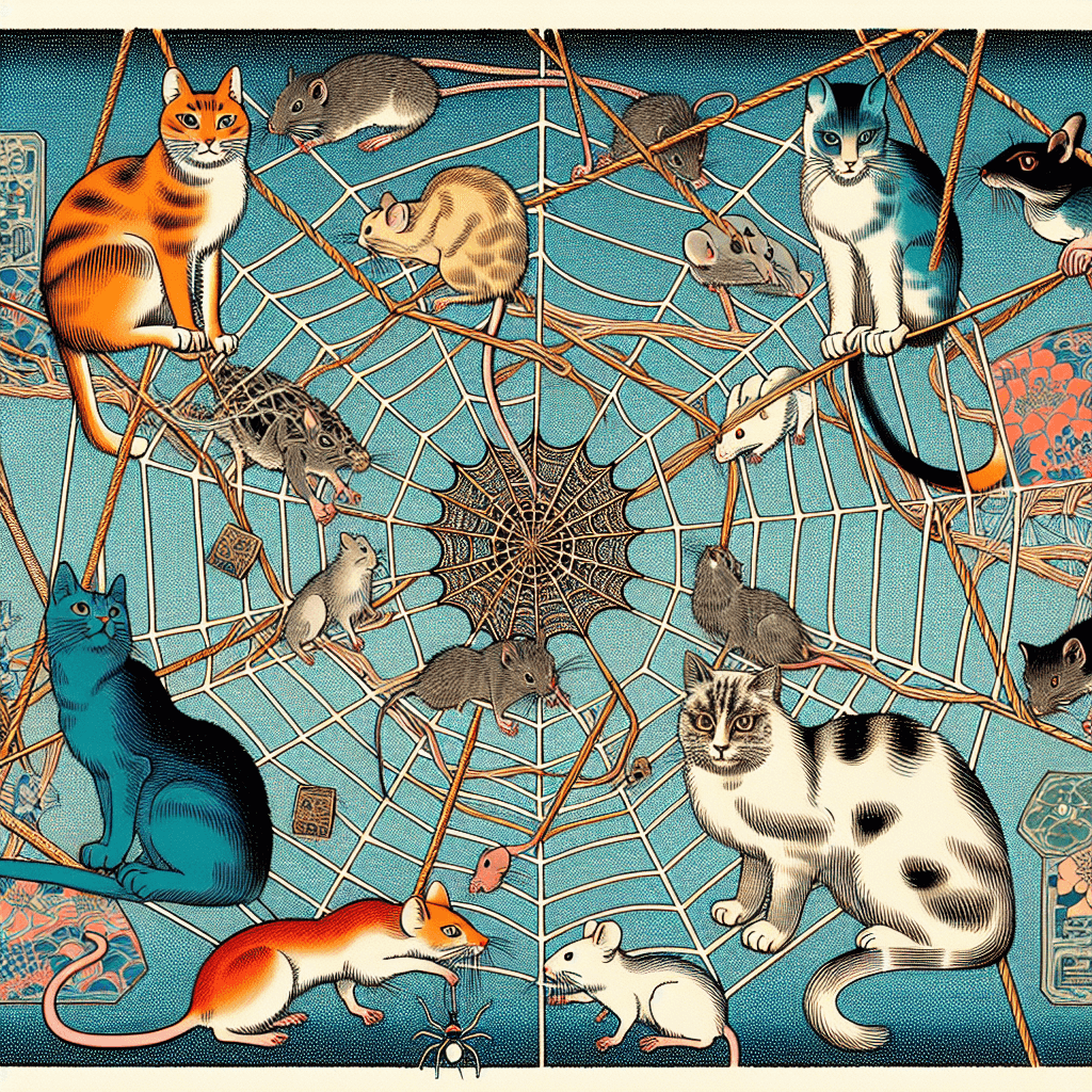 Create an image depicting an interconnected web featuring cats, mice, and humans, symbolizing the potential and complex relationships between these elements.
