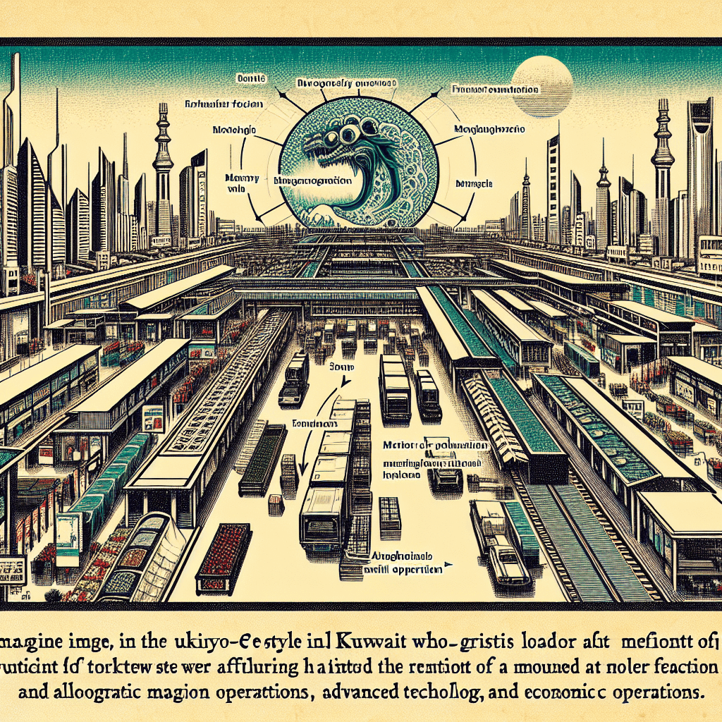 Create an image depicting a futuristic micro-market in Kuwait, featuring Karl's innovative monster function and algorithmic operations, symbolizing advanced technology and economic growth.