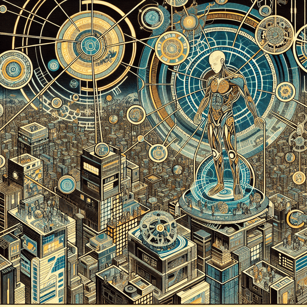 Create an image depicting a futuristic scene where cybernetic systems with intricate feedback loops maintain a balanced and ethical equilibrium, highlighting the dynamic regulation of technology and human interaction.