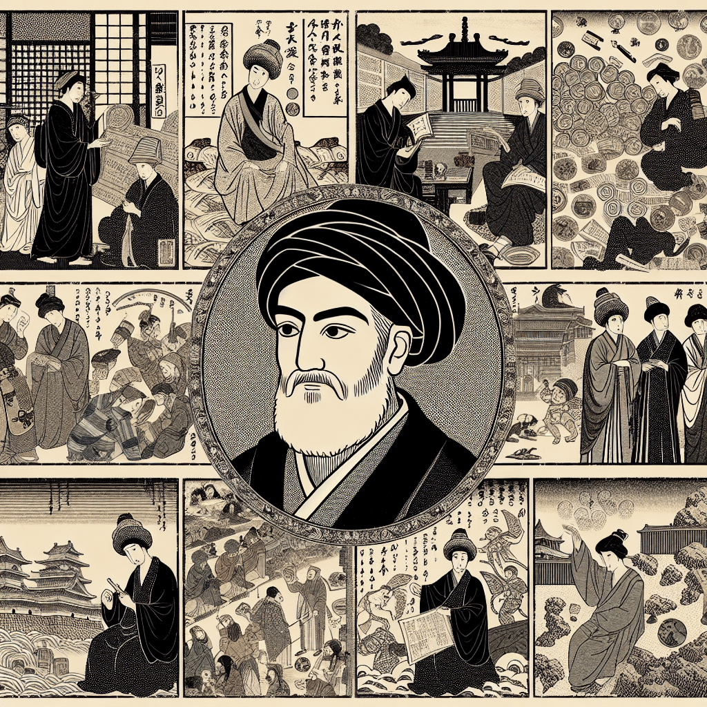 Create an image depicting Al-Khwarizmi, the renowned Persian mathematician, traveling through various historical financial eras, showcasing the evolution of economic systems and trade practices across different cultures and time periods.