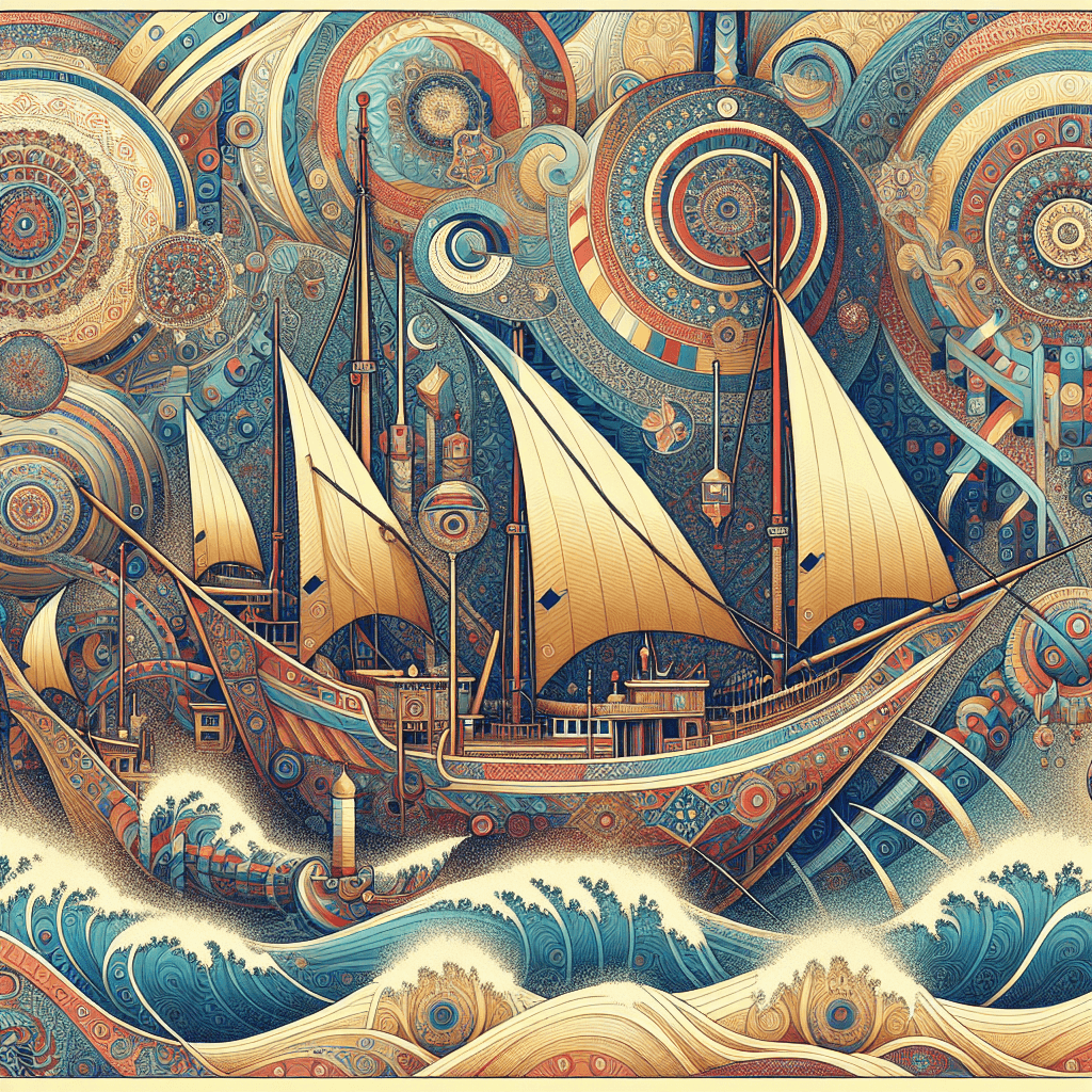 Create an image depicting the fusion of Oman's maritime heritage and Islamic finance, represented through fractal patterns and a sense of concurrency.