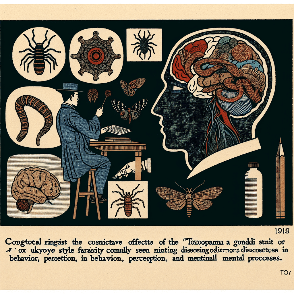 Create an image depicting the cognitive effects of *Toxoplasma gondii* on humans, illustrating the interplay between the parasite and the human brain, highlighting changes in behavior, perception, and mental processes.