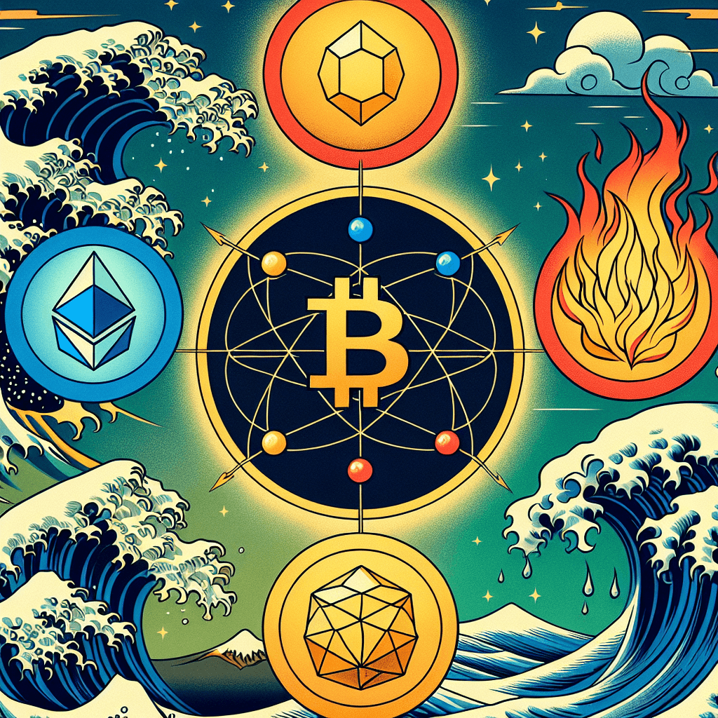 Create an image that represents BTC, ETH, SOL, XRP, and ADA as the Five Godai Elements: Earth, Water, Fire, Wind, and Void.
