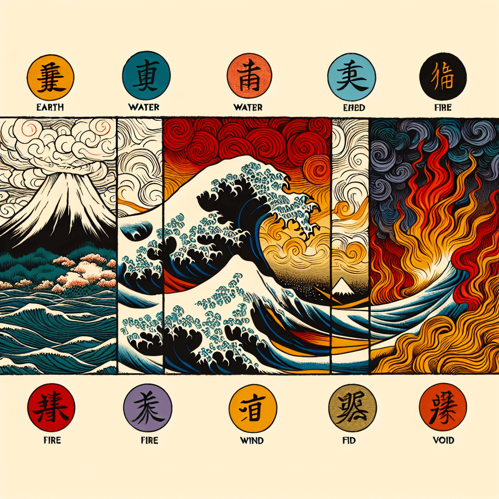 Design an image representing Godai, the Five Elements of Harmony.