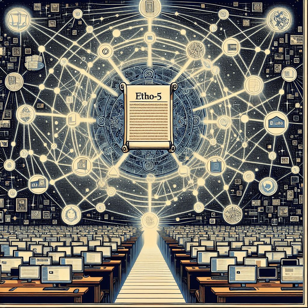 Create an image of a digital odyssey, featuring interconnected blogs forming a vast, glowing network, centered around a mysterious scroll titled 