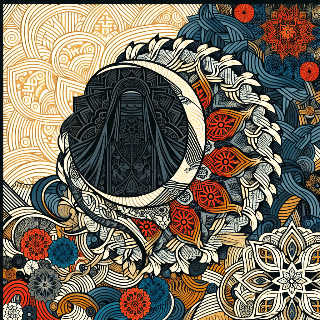 Create an image depicting the integration of Sharia-compliant principles within intricate fractal patterns, symbolizing harmony between traditional values and complex modern structures.